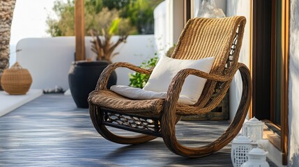 Poster - Cozy rocking chair on a wooden porch in a serene Santorini Island setting in Greece with lush greenery and natural light