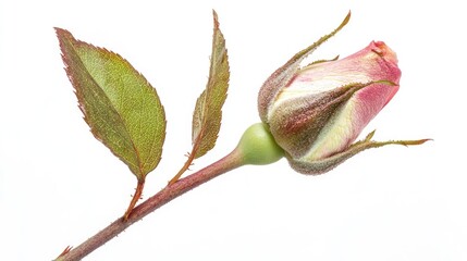 Poster - Delicate pink rose bud with green leaves isolated on a clean white background showcasing natural beauty and elegance in floral design