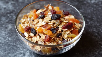 Poster - Healthy muesli bowl with dried fruits overhead view showcasing nutritious ingredients for a balanced diet and low-calorie meals