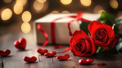 Poster - Romantic arrangement of red roses and gift box on wooden surface with heart decorations for Valentine's Day celebration