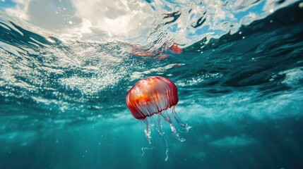 Aufkleber - Graceful red jellyfish swimming in crystal clear blue ocean water showcasing vibrant marine wildlife and serene underwater beauty