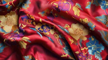 Fototapete - Vibrant red silk textile with intricate floral patterns showcasing rich colors and luxurious texture suitable for fashion and design concepts.