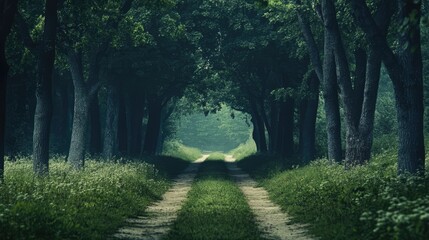 Poster - Serene forest pathway surrounded by trees leading to an uncertain future in nature's tranquility