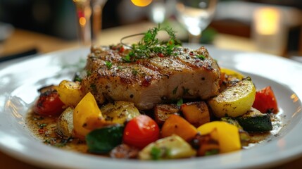 Aufkleber - Roasted pork served with colorful vegetables in selective focus highlighting culinary presentation and flavors.