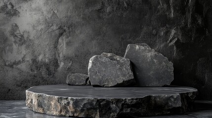Aufkleber - Rock stone podium display with dark gray wall background for product presentation in a minimalist studio setting.