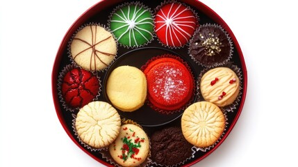 Poster - Assorted festive cookies in a round red box arranged neatly against a clean white background for holiday celebrations and gifts