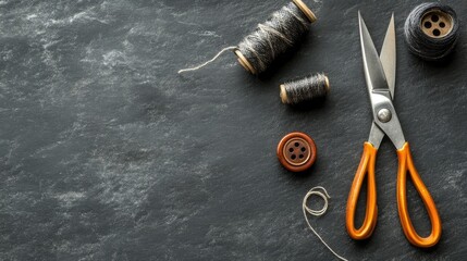 Poster - Seamstress tools with scissors buttons spools of thread and leather on dark textured surface for crafting and sewing projects