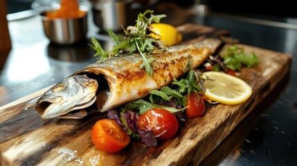Aufkleber - Grilled whole fish garnished with fresh vegetables and herbs served on a wooden board with lemon and tomatoes