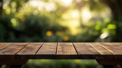 Poster - Serene outdoor wooden table with benches in a lush garden setting featuring soft focus and natural light ambiance