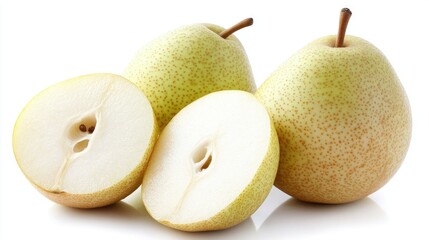 Aufkleber - Fresh ripe pears whole and sliced showcasing juicy interior on clean white background. Perfect for food-related themes and healthy eating concepts.