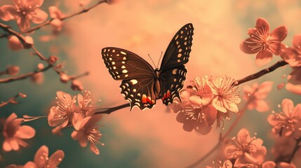 Poster - Elegant ringlet butterfly perched gracefully on delicate blossoms surrounded by a soft pastel background evoking tranquility and beauty.