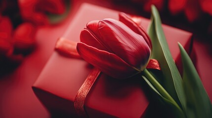 Poster - Red tulip on a red gift box with a bow symbolizing love and celebration in a vibrant floral arrangement setting