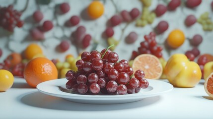 Poster - Ripe red grapes on a white plate surrounded by an array of colorful fruits in a beautifully arranged background