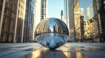 Poster - Reflections of urban skyline in a metallic sphere showcasing modern architecture and city life dynamic.