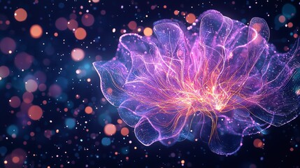 Poster - A stunning visualization of abstract technology, featuring vibrant waves of purple light and glowing particles floating in a dark space.