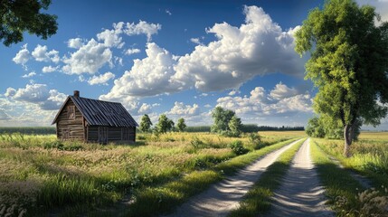 Poster - Rural scene featuring a rustic house at a crossroads under a bright sunny sky with lush greenery and picturesque clouds.