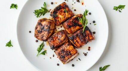 Poster - Grilled chicken pieces garnished with herbs on a white plate showcasing a delicious culinary presentation on a clean background