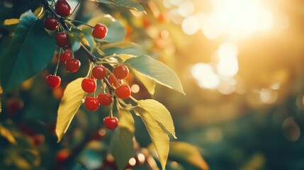 Aufkleber - Sunlit ripe cherries on a branch in a garden setting showcasing nature's bounty and the joy of cherry picking in summer.