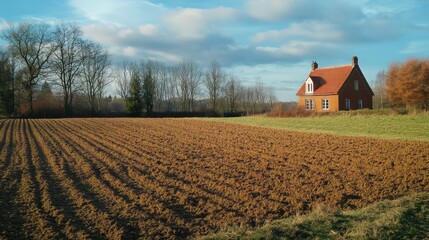 Poster - Charming red cottage beside freshly plowed field under dramatic sky and scattered trees in serene rural landscape.