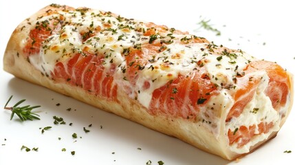 Poster - Savory roll filled with fresh salmon and creamy cheese garnished with herbs on a white plate
