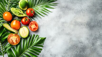 Poster - Colorful arrangement of ripe vegetables and tropical leaves on a textured background showcasing freshness and culinary inspiration