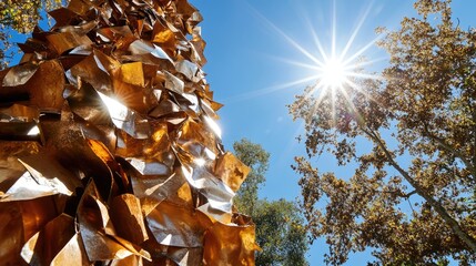 Aufkleber - Reflections of scrap metal and chipboard under sunlight showcasing shimmering textures and nature's beauty in an outdoor setting