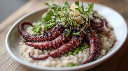 Aufkleber - Gourmet risotto with grilled octopus parmesan porcini mushrooms and microgreen sprouts served in a white ceramic bowl on a wooden table