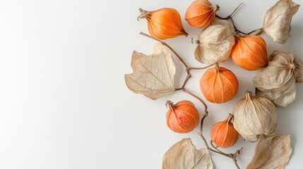 Leinwandbilder - Ripe physalis fruits with dry husk arranged artistically on a white background showcasing their vibrant colors and natural textures