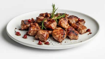 Poster - Grilled chicken pieces garnished with herbs and spices on a white plate against a clean white background.
