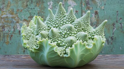 Poster - Romanesco cabbage showcasing intricate patterns on a rustic wooden surface against a weathered green backdrop