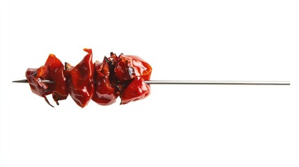 Poster - Skewered red hot chili peppers on a stainless steel fork isolated on a white background showcasing vibrant colors and culinary presentation.
