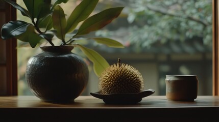 Poster - Ripe Japanese chestnut resting on a wooden surface surrounded by decorative elements and natural light indoors