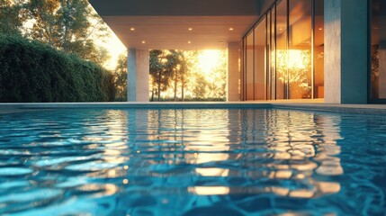 Poster - Villa exterior reflected in serene pool water at sunset with lush greenery surrounding the property creating a tranquil atmosphere.