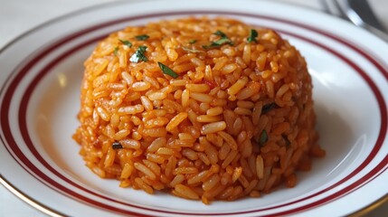 Aufkleber - Savory Spanish rice dish beautifully plated with a garnish of herbs showcasing vibrant colors and delicious texture.