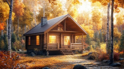 Poster - Rustic cabin glowing in warm sunlight surrounded by vibrant autumn foliage in a serene natural setting.