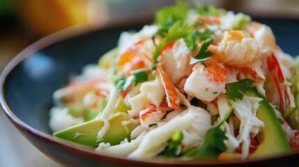 Leinwandbilder - Fresh and vibrant avocado and crab stick salad garnished with herbs in a stylish bowl on a rustic wooden table