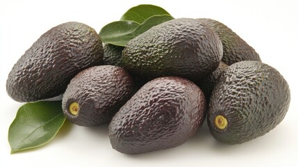Poster - Fresh ripe avocados surrounded by green leaves on a clean white background showcasing natural healthy eating and culinary options.