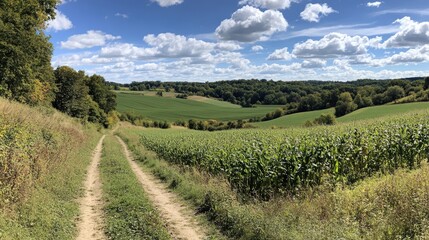 Aufkleber - Lush green cornfield landscape under a vibrant blue sky with fluffy white clouds in a serene rural setting