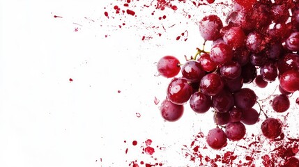 Aufkleber - Fresh red grapes cluster with splashes of juice on a clean white background ideal for advertisements and food-related content.
