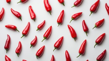 Poster - Red peppers arranged in a creative layout on a clean white background showcasing vibrant colors and textures for culinary imagery
