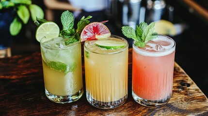 Aufkleber - Refreshing Rhubarb Mint Lime Mocktails in Stylish Glasses on Rustic Table