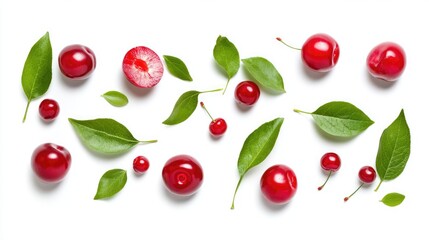 Aufkleber - Fresh red cherry plums with green leaves arranged with halved slices isolated on a bright white background for healthy food concepts