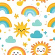 © Sanichiro - Seamless pattern with rainbows, sun, and clouds in a white background.