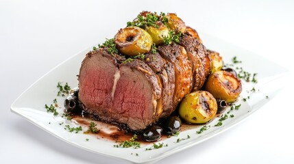 Poster - Savory roast beef with baked apples and olives elegantly plated on a white dish against a clean background for gourmet presentation.