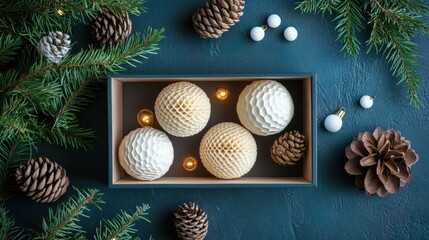 Aufkleber - Scandinavian Christmas honeycomb ornaments in a box surrounded by pine cones and greenery on a dark blue table top view flat lay