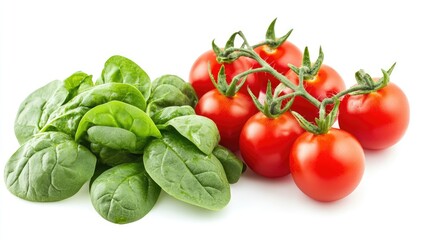 Aufkleber - Fresh tomatoes and vibrant spinach leaves isolated on a clean white background for healthy food concepts and culinary presentations.