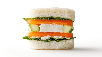 Poster - Rice Cake Sandwich with Fresh Vegetables and Creamy Filling on White Background