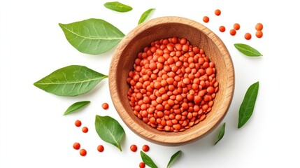 Poster - Red lentils in a wooden bowl with fresh green bay leaves on a white background showcasing healthy legumes and natural ingredients
