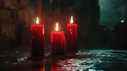 Aufkleber - Red candles glowing softly in a dark setting creating a mysterious and atmospheric ambiance
