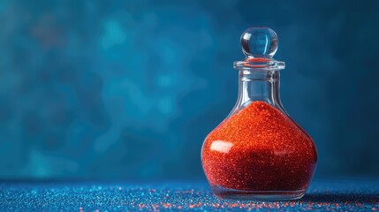 Poster - Red sand in a glass bottle displayed on a blue textured background creating a striking visual contrast and artistic appeal